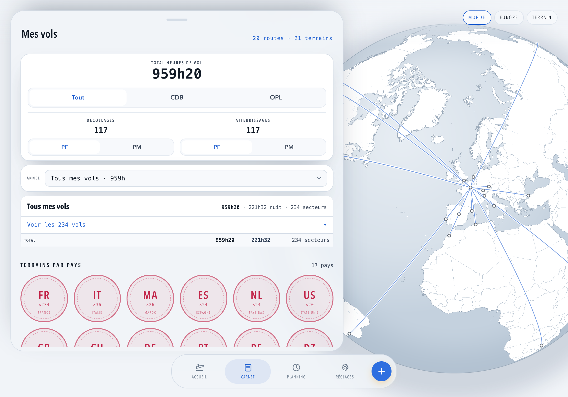 Le carnet de vol de Bluebound sur iPad : le globe des routes volées et le total d'heures