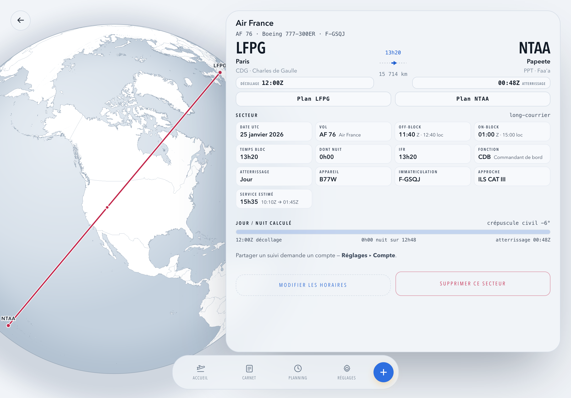 La fiche d'un vol dans Bluebound : temps bloc, temps de vol, temps de nuit et service estimé